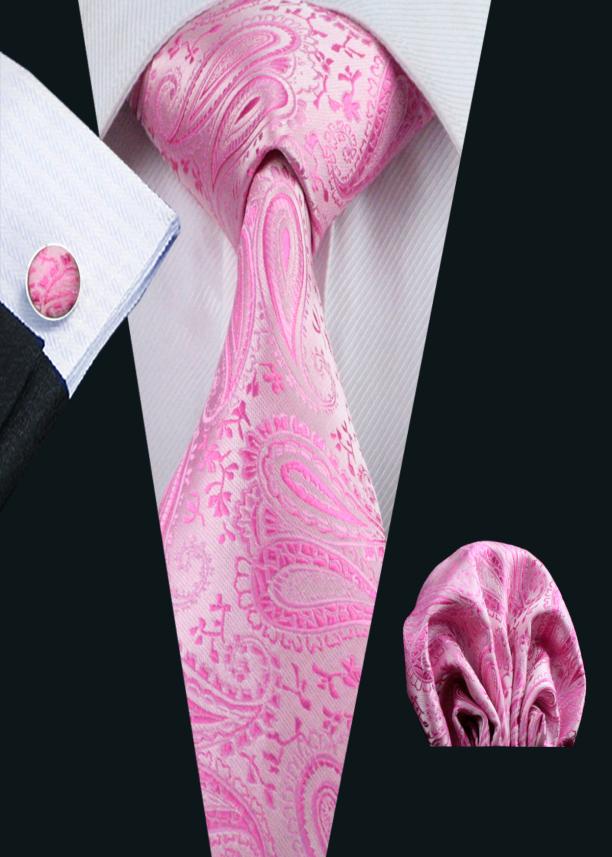 Fast Ties Paisely Pink Mens Set Hankerchief Cufflinks Jacquard Woven Business Formal Work Neck Tie Set Wedding N0379
