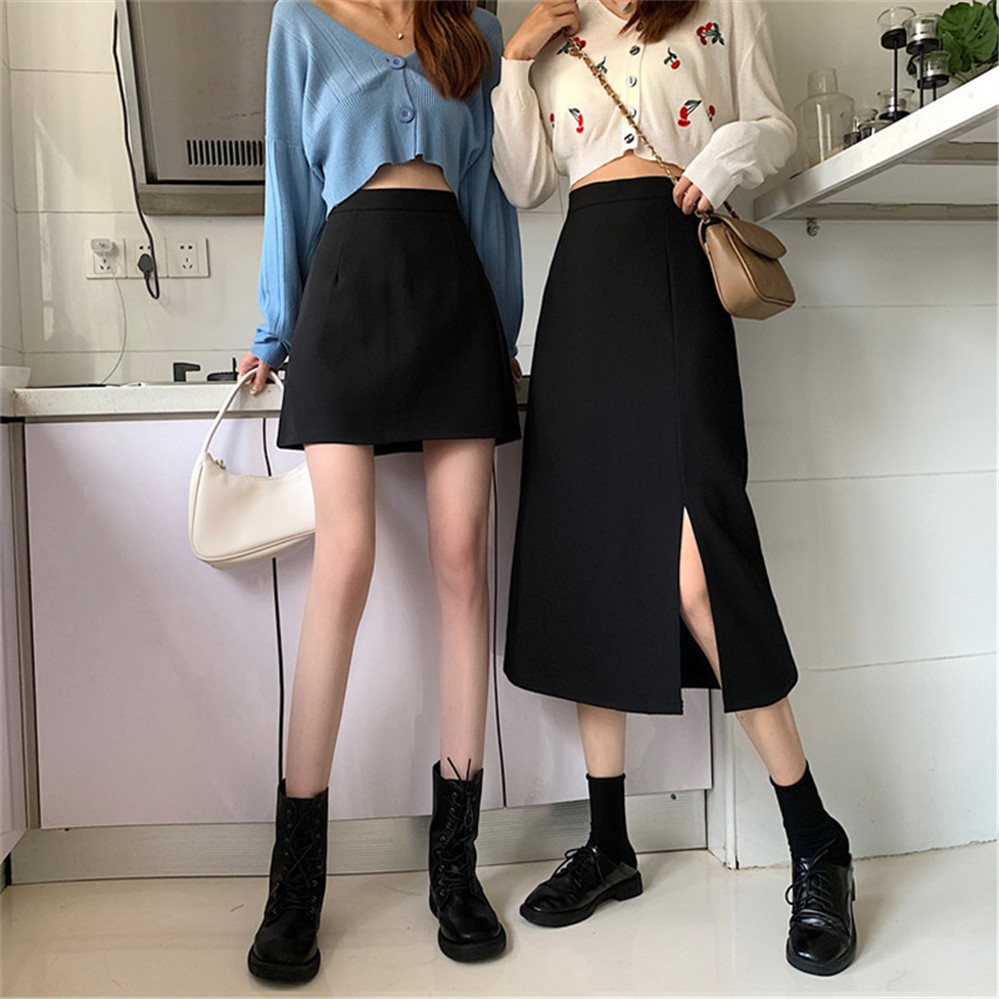 Skirts Women Black Highwaist Sidesplit Midi Skirt Ladies Stretchy Bodycon Aline Vintage Elegant Allmatch Simple Fashion 230224