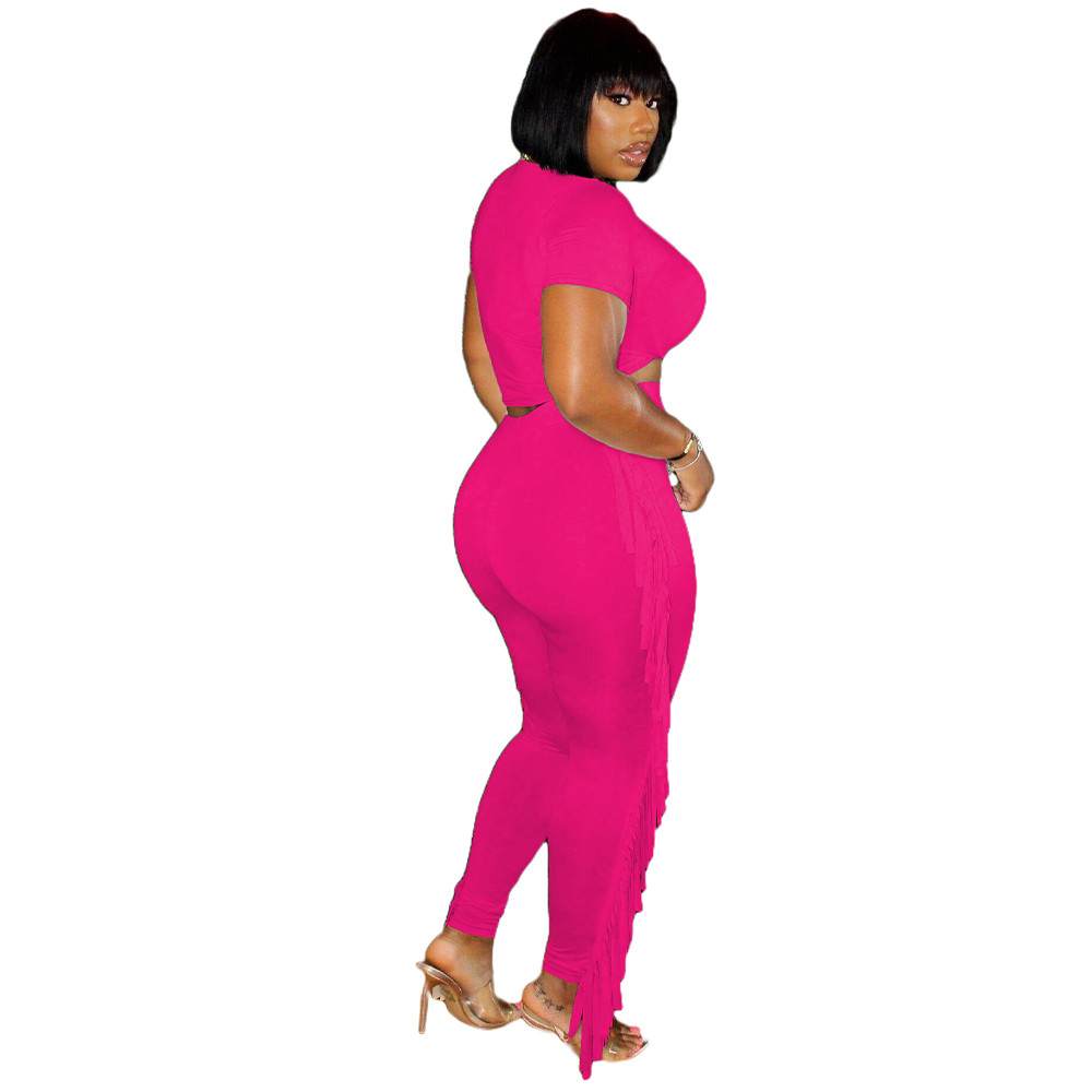 2023 Designer Summer Outfits Women Tracksuits Two Piece Sets Short Sleeve V Neck Criss-Cross Crop Top and Tassels Pants Sweatsuits Casual Sports Suits