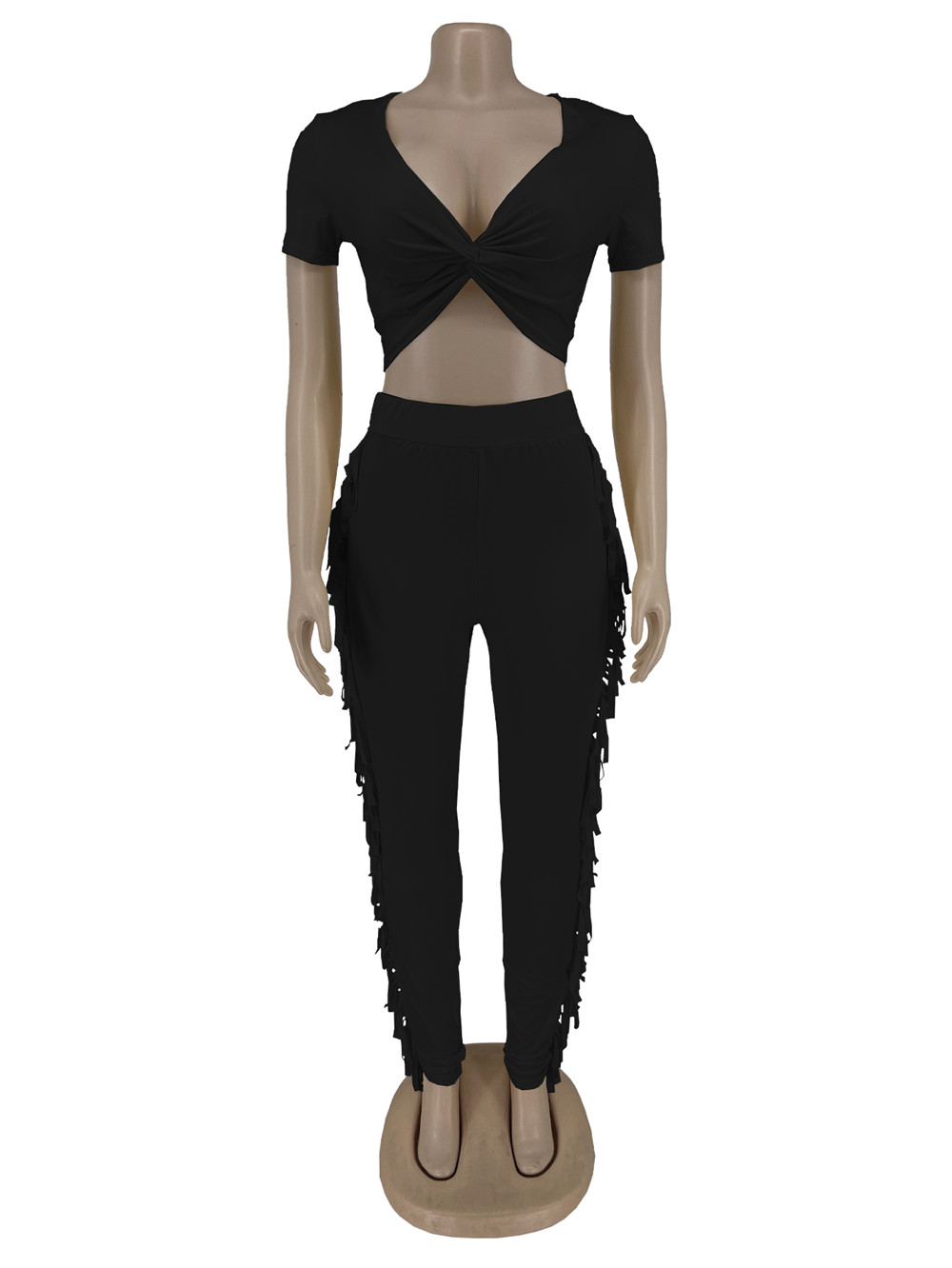 2023 Designer Summer Outfits Women Tracksuits Two Piece Sets Short Sleeve V Neck Criss-Cross Crop Top and Tassels Pants Sweatsuits Casual Sports Suits