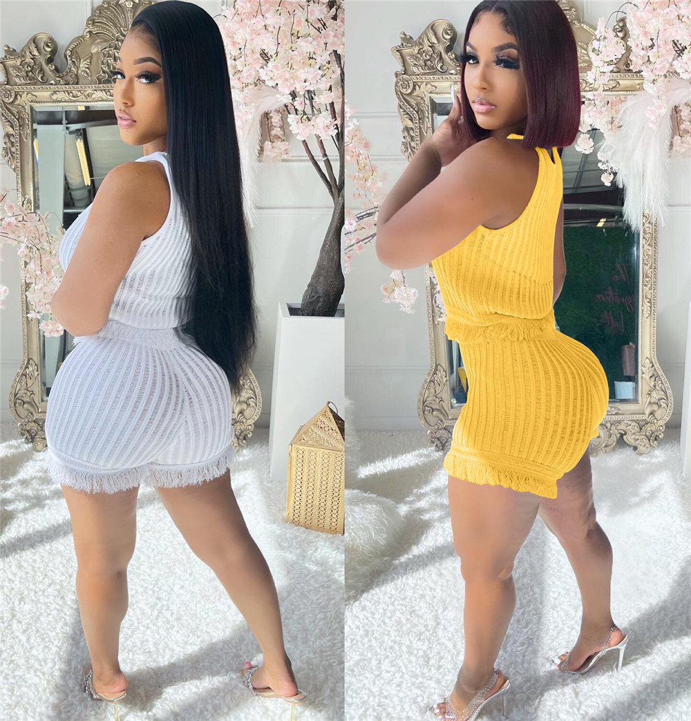2023 Designer Two Piece Sets Womens Tracksuits Summer Tassels Outfits Solid Sleeveless Tank Crop Top and Shorts Casual Sports Suits Bulk Items Wholesa
