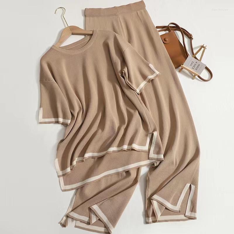 Women's Two Piece Pants Fashion Contrast Color Knitted Set Women Summer Split Short Sleeve Sweater Wide Leg Sets Women's Tracksuit, Beige
Women's Two Piece Pants Fashion Contrast Color Knitted Set Women Summer Split Short Sleeve Sweater Wide Leg Sets Women's Tracksuit, Beige