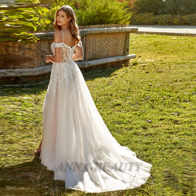Party Dresses Anna Elegant Modern Wedding V Neck Sweep Train Lace Appliques Slit Backless Button Off The Shoulder Vestidos De Novia 230224