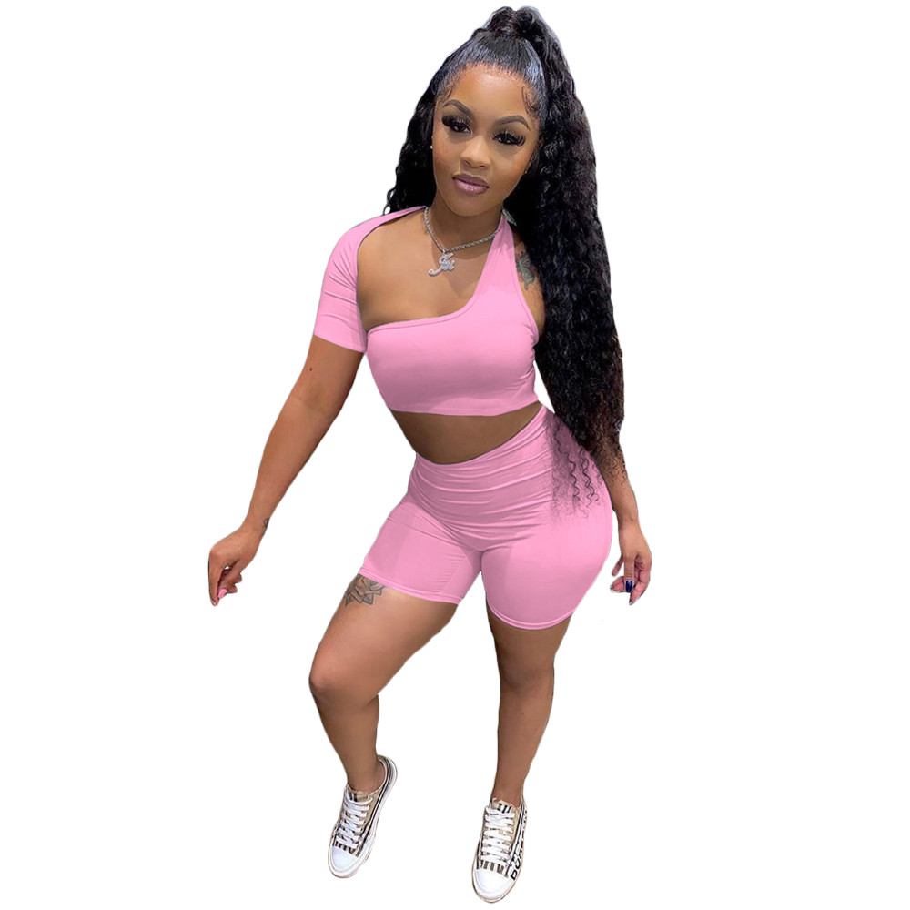 2023 Designer Summer Tracksuits Women Outfits Two Piece Sets Spring Clothes One Sleeve hollow out Crop Top and Shorts Casual Sportswear Wholesale Bulk