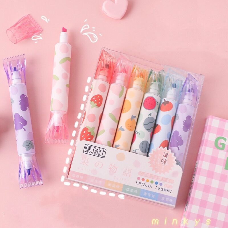 Highlighters MINKYS 6pcs/lot Kawaii Fruit Aroma Double Headed Highlighter Pen DIY Graffiti Art Drawing Marker Fluorescent Stationery 230224