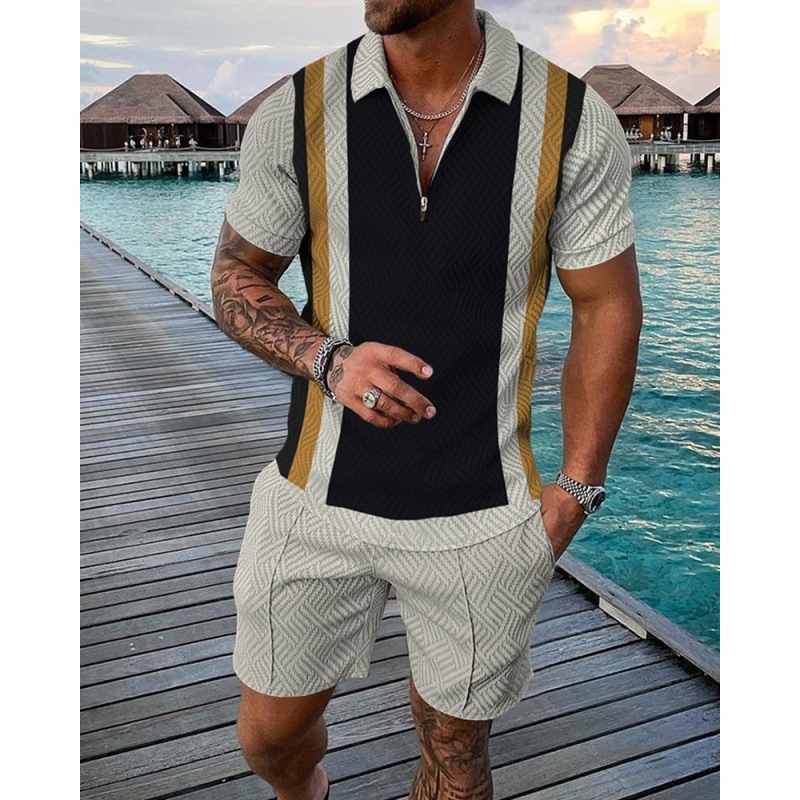 Mens Suits Mens Summer Tracksuit Luxury Gold Chain Polo Shirt Set Turn Down Collar Zipper Clothing Streetwear Casual Outfit Suit