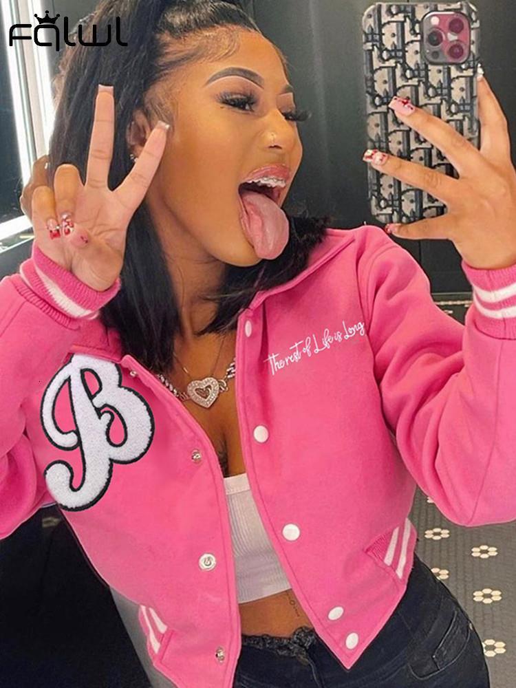 Womens Jackets FQLWL Pink Baseball Fashion Fall For Women Pocket Button Purple Crop Top Coats Gray Varsity Bomber Jacket 230224