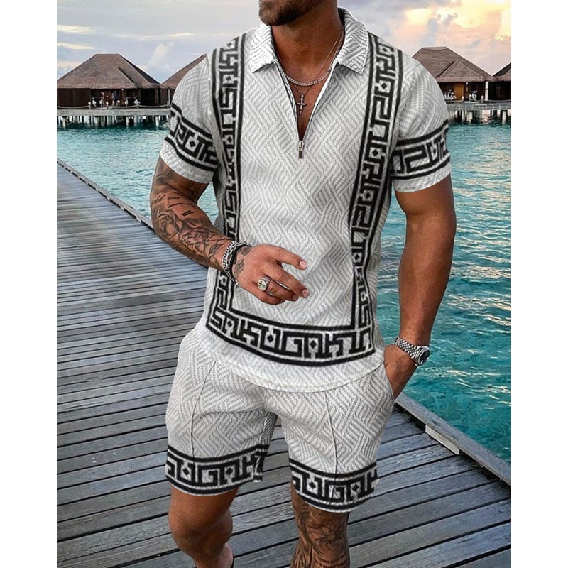 Mens Suits Mens Summer Tracksuit Luxury Gold Chain Polo Shirt Set Turn Down Collar Zipper Clothing Streetwear Casual Outfit Suit