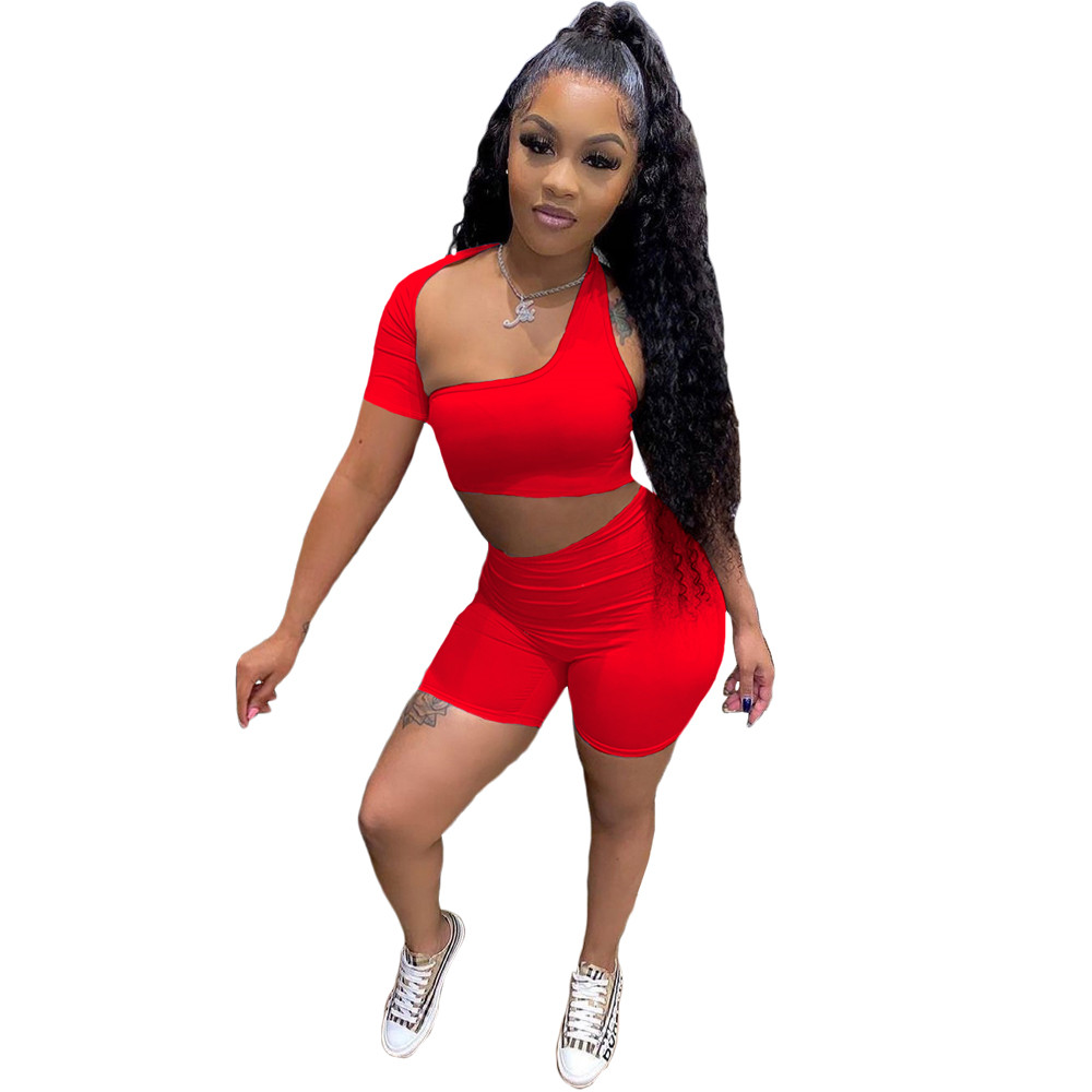 2023 Designer Summer Tracksuits Women Outfits Two Piece Sets Spring Clothes One Sleeve hollow out Crop Top and Shorts Casual Sportswear Wholesale Bulk