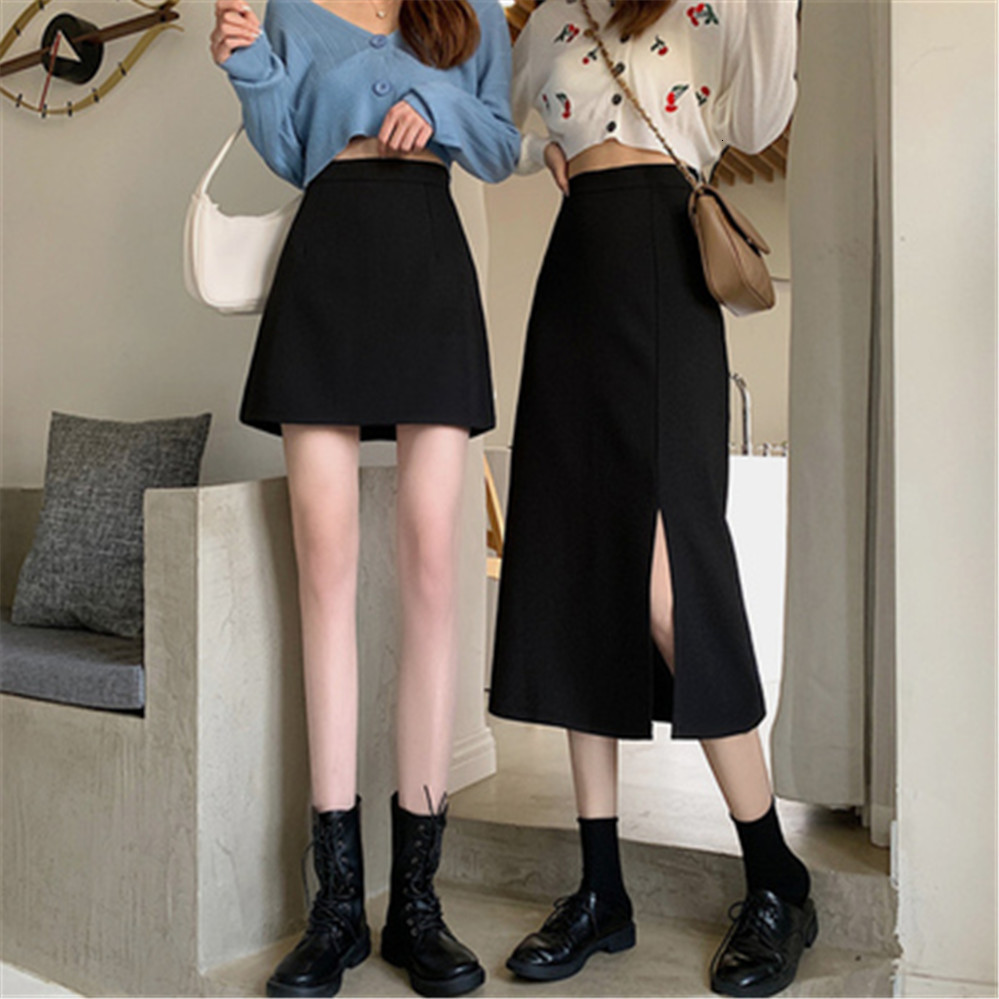 Skirts Women Black Highwaist Sidesplit Midi Skirt Ladies Stretchy Bodycon Aline Vintage Elegant Allmatch Simple Fashion 230224