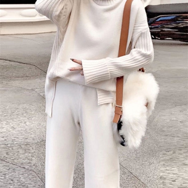 Women's Two Piece Pants JXMYY Sweater Set Women Tracksuit Spring Autumn Knitted Suits 2 Warm Turtleneck Pullovers Wide Legs 230223