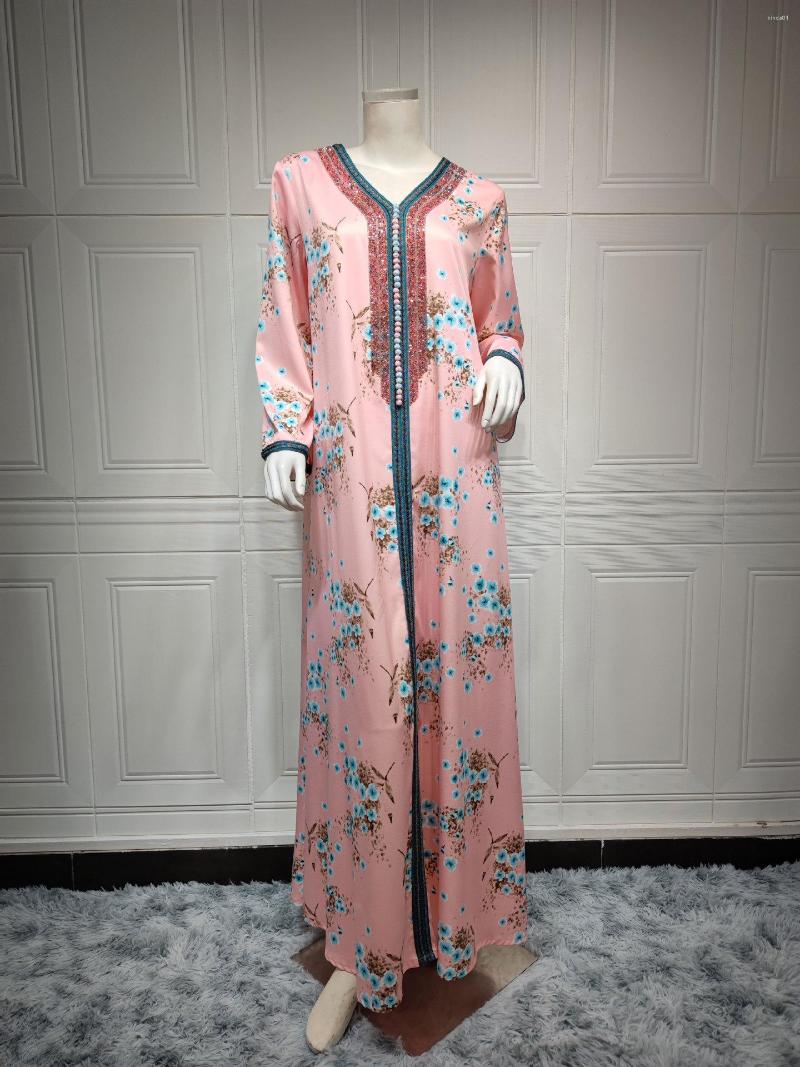 Ethnic Clothing Arabic Dresses Spring Floral Print Dress Women Diamond Dubai Arab Turkey Morocco Kaftan Islamic Gown Robe Vestido AAA