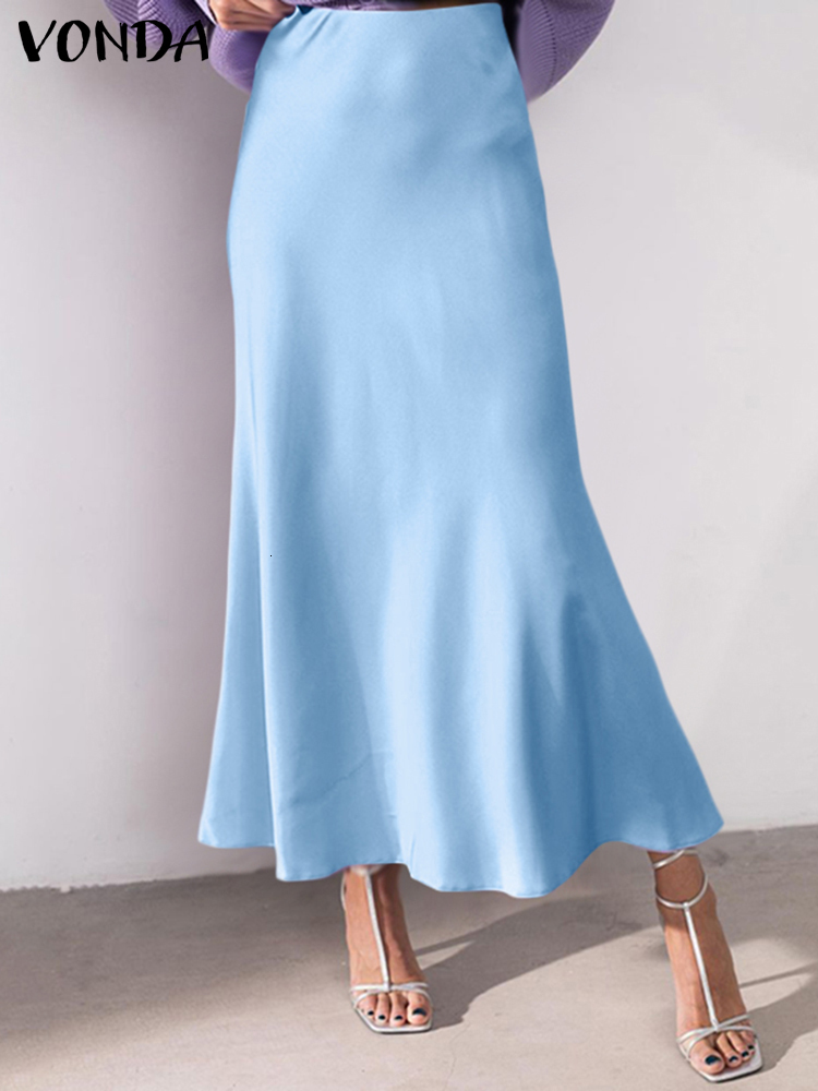 Skirts Fashion Bottoms VONDA 2023 Summer Women Elegant Party Long Satin Jupe Solid Pleated Loose High Waist Maxi Faldas Saias 230224