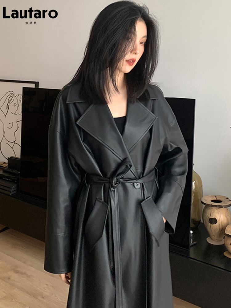 Womens Jackets Lautaro Spring Autumn Long Oversized Black Leather Trench Coat for Women Sashes Single Button Loose Stylish Korean Fashion 230224