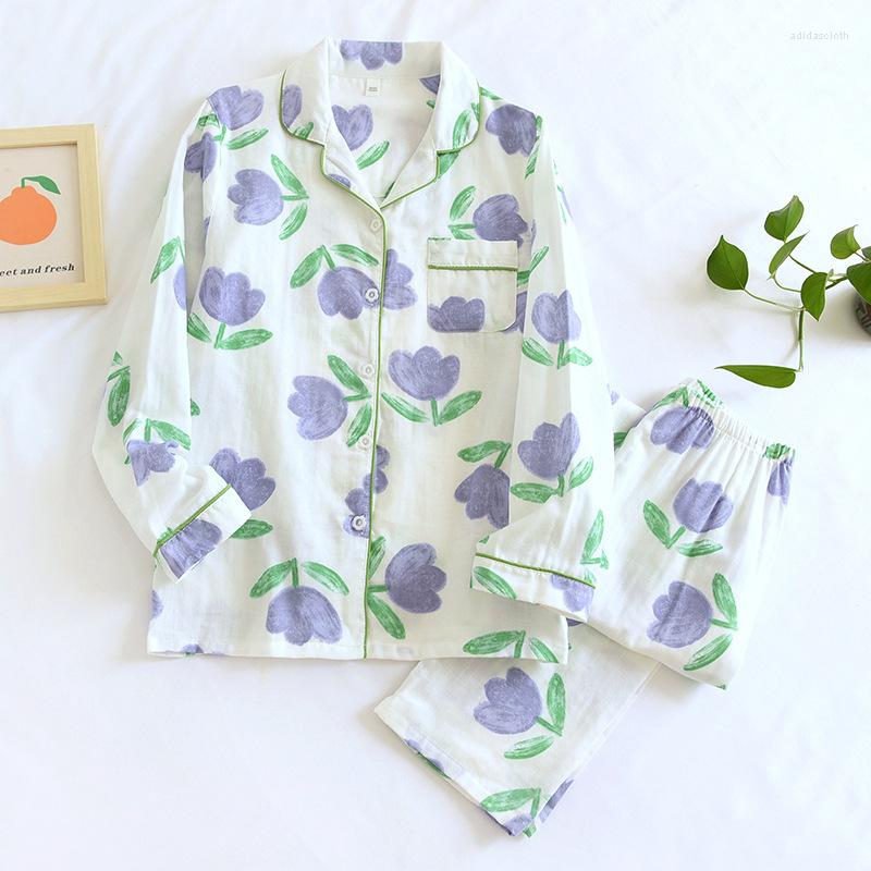Women's Sleepwear Spring And Summer Pajamas Two-Piece Ladies Cotton Gauze Long-Sleeved Trousers Tulips Flowers Loose Home Service Set
Women's Sleepwear Spring And Summer Pajamas Two-Piece Ladies Cotton Gauze Long-Sleeved Trousers Tulips Flowers Loose Home Service Set