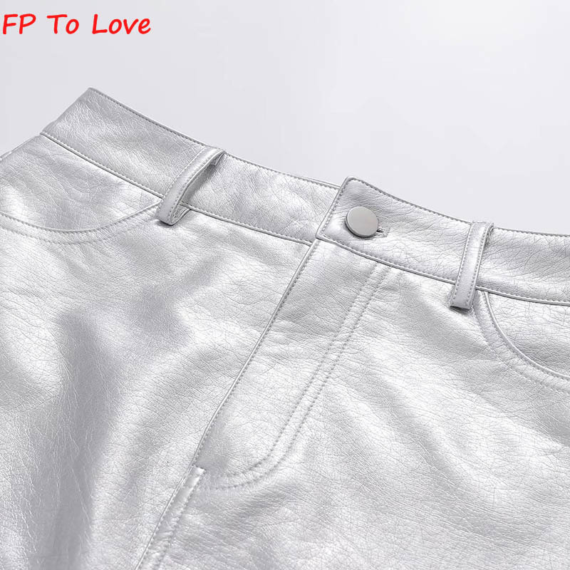 Skirts FP To Love French Silver PU Mini Sexy High Waist Hip Skirt Chic Retro Short ALine 230224