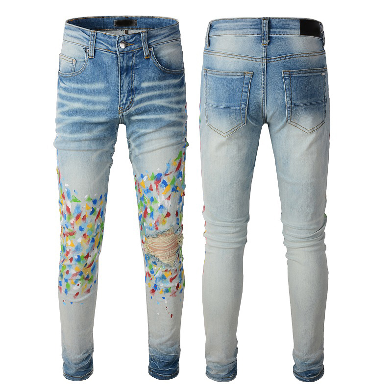 Men's Jeans Patches Detail Biker Fit Jeans Men Slim Motorcycle For Mens Vintage Distressed Denim Jean Pants #SHOPEE42