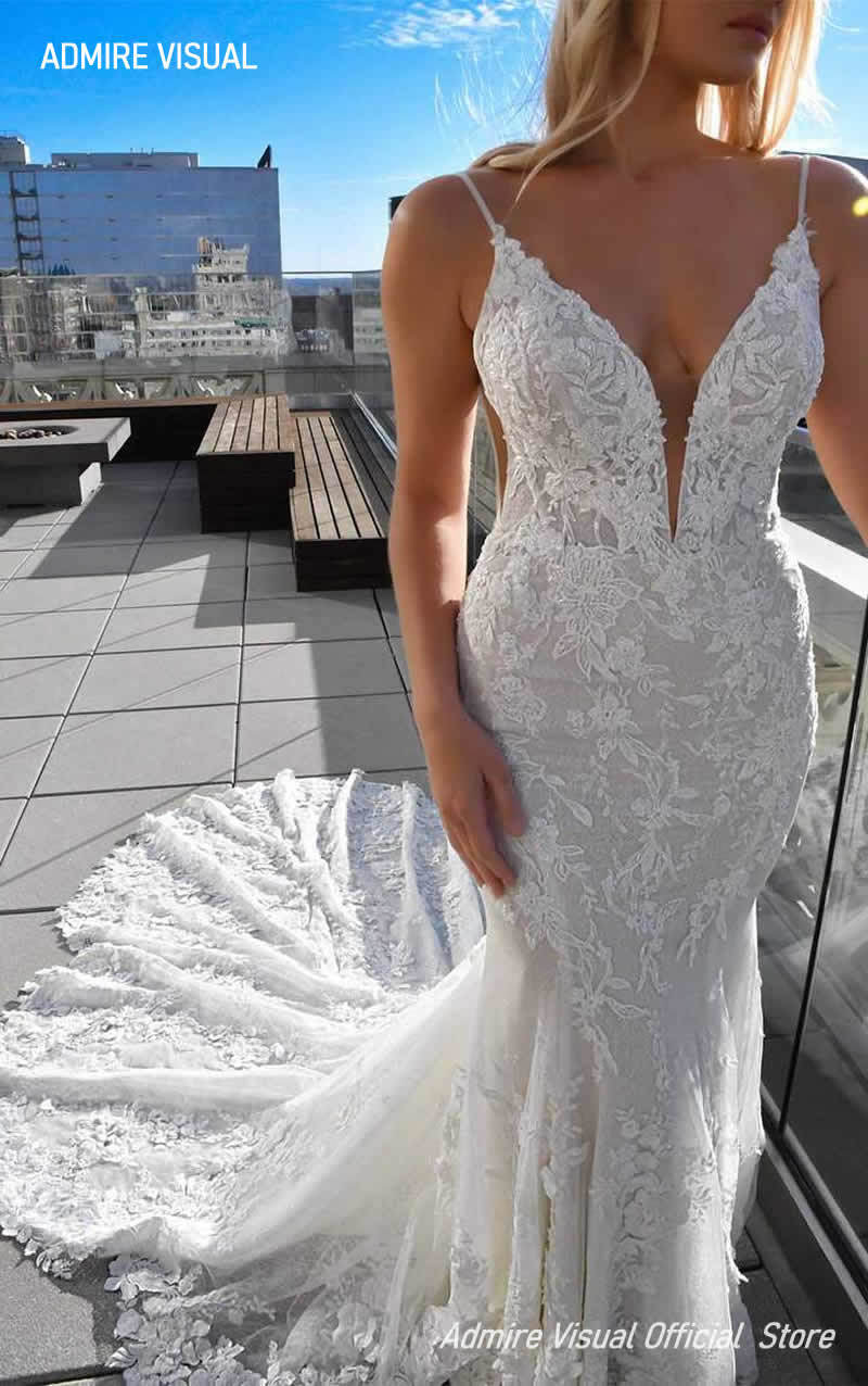 Party Dresses est Wedding Dress Mermaid Lace Deep V-neck Neckline Open-Back Spaghetti Straps Plus Size Bride Gown Vestidos De Novia 230224