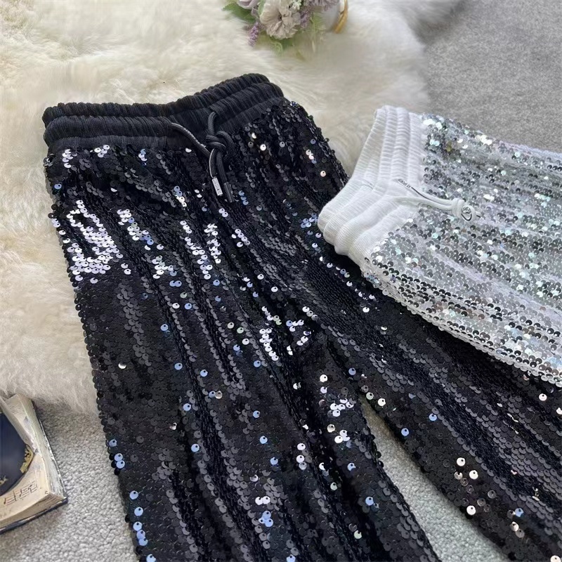 Women's Pants Fashion Shining White Trousers Tall Waist Sequins Flares Spring Silver Glitter Sparkling Y2k Relaxation Wide-legged 230225