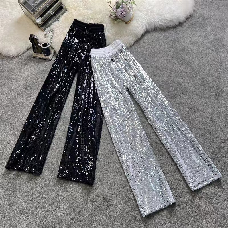 Women's Pants Fashion Shining White Trousers Tall Waist Sequins Flares Spring Silver Glitter Sparkling Y2k Relaxation Wide-legged 230225