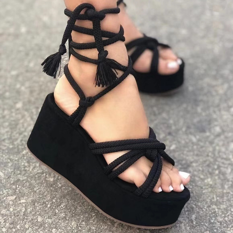 Sandals Summer Plus Size Platform Wedge Strappy Sandals Women Fashion Round Toe Cross Tied Height Increase Open Toe Women Sandals 230225