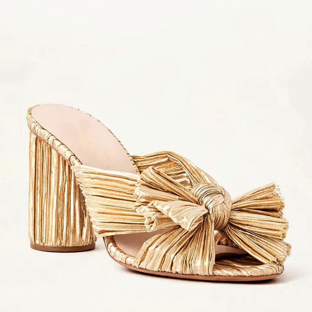 Sandals Gnazhee Gold Pleated Bow Heel Women's Mules Summer Party White Wedding Shoes High Heeled Cute Elegant Slipper 230225