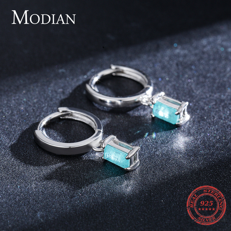 Stud Modian Exquisite Tourmaline Hoop Earrings Fashion Real 925 Sterling Silver Rectangle Paraiba Earring For Women Fine Jewelry Gift 230225