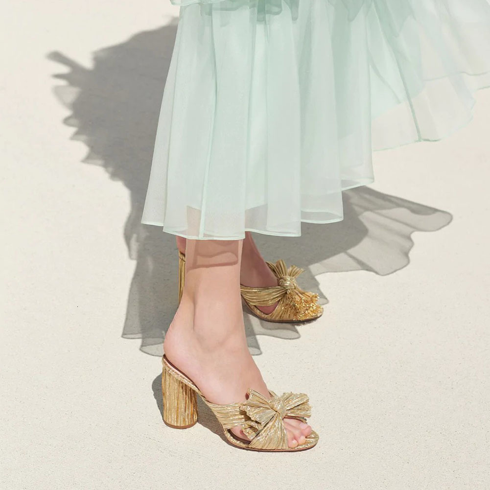 Sandals Gnazhee Gold Pleated Bow Heel Women's Mules Summer Party White Wedding Shoes High Heeled Cute Elegant Slipper 230225