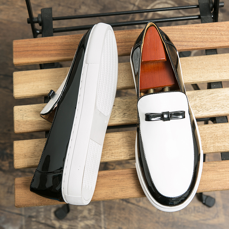 Dress Shoes Men Vulcanized Black White SlipOn Loafers Patent Leather for Casual Chaussures Pour Hommes 230224