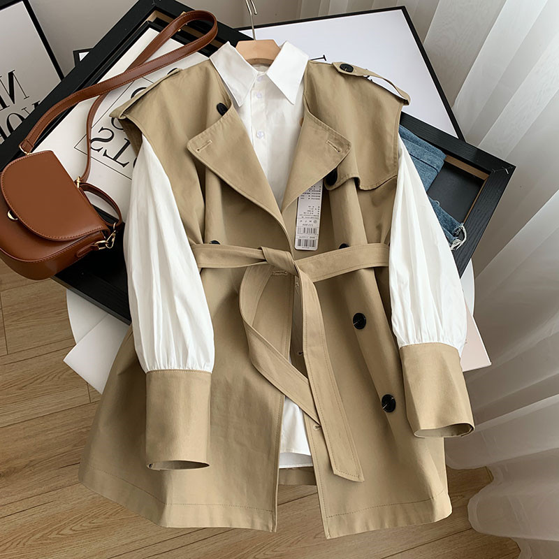 Fashion 2023 Spring New Women Outerwear Coats Trench CoatsTemperament Two-piece Suits Women British Style Windbreaker Vest Jacket Bottoming White Shir