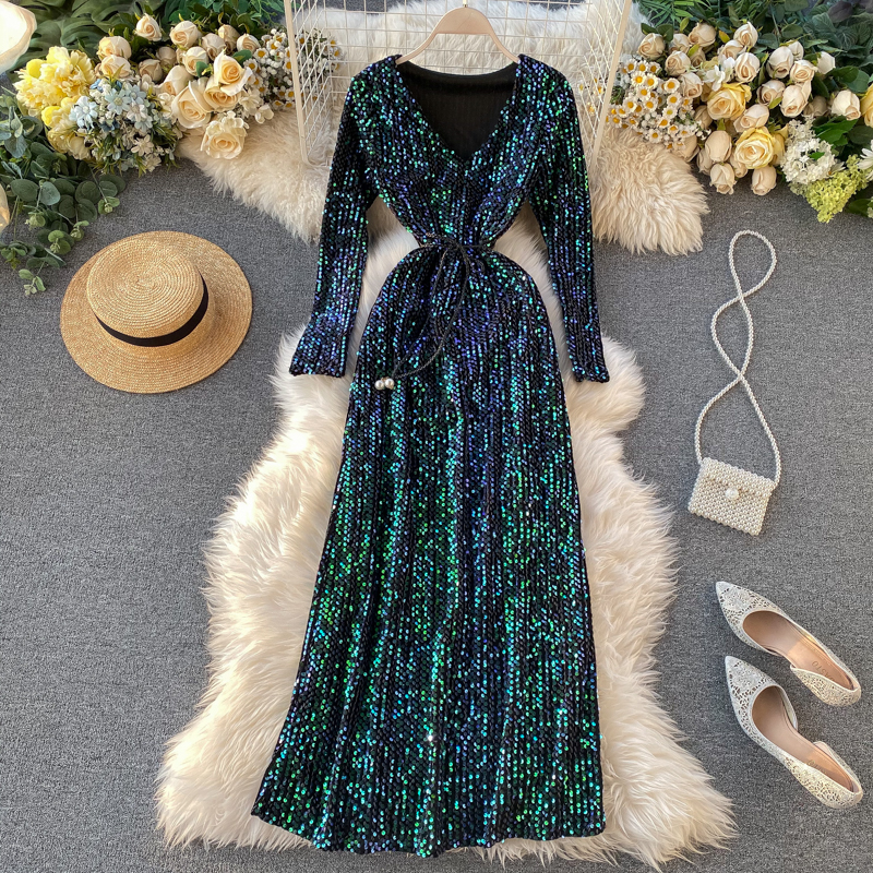 Sequined Bling Women Dresses Spring 2023 Elegant V Neck Long Sleeve Vestidos Fashion Sashes Slim Waist Party Dress, Black
Sequined Bling Women Dresses Spring 2023 Elegant V Neck Long Sleeve Vestidos Fashion Sashes Slim Waist Party Dress, Black