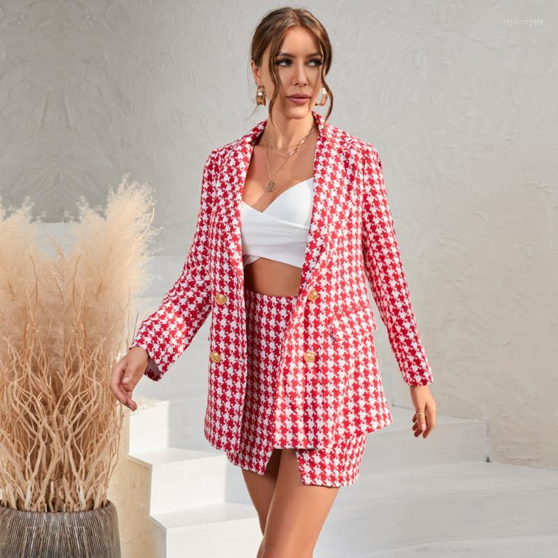 Two Piece Dress Autumn And Winter 2023 Fashionable Blazer Skirt Sets Womens Outifits Houndstooth Office LadyTwo