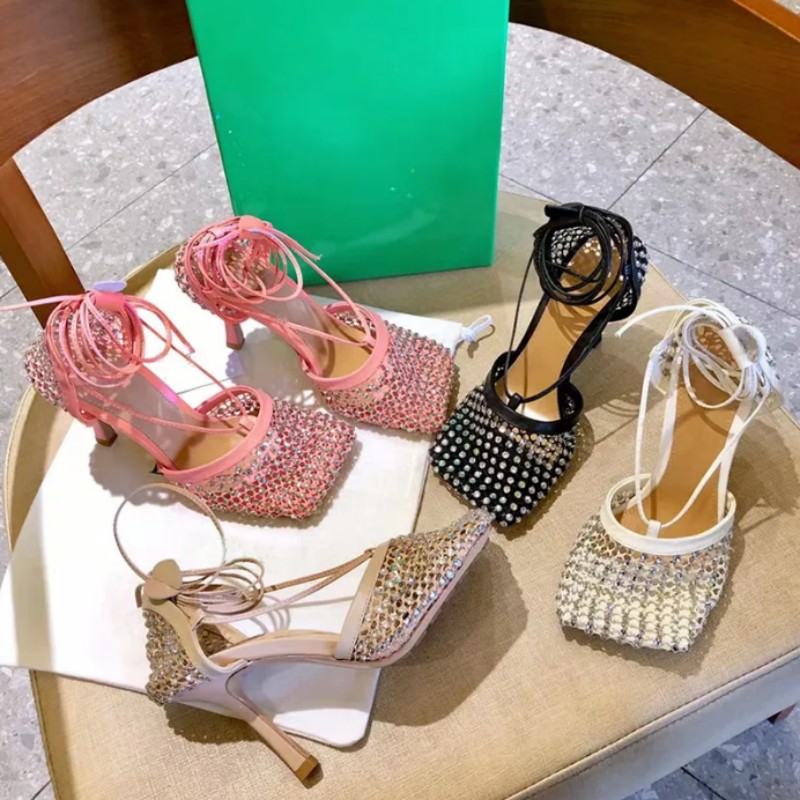 Top crystal decorative high-heeled sandals luxury designer sexy hollow out wedding banquet party shoes 9.5cm leather mesh square toe ring Lace up women's shoes