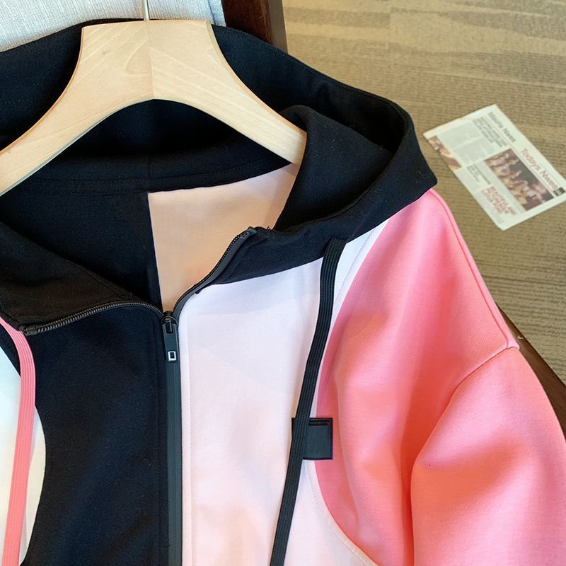 Womens Hoodies Sweatshirts Women Harajuku Casual Loose Jacket Patchwork Color Long Sleeve Hooded Sweatshirt Zipper Coats Lady 230224