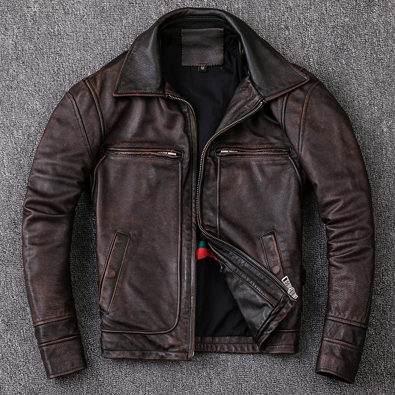 Men's Jackets Men Cowhide Coat Men's Genuine Leather Jacket Vintage Style Man Leather Clothes Motorcycle Biker Jackets Plus Size 134cm 23022