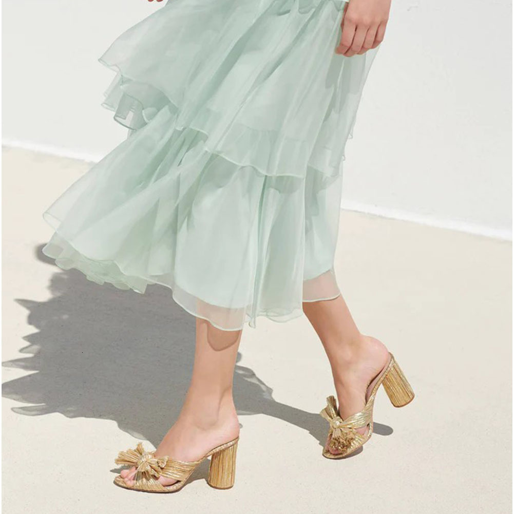 Sandals Gnazhee Gold Pleated Bow Heel Women's Mules Summer Party White Wedding Shoes High Heeled Cute Elegant Slipper 230225