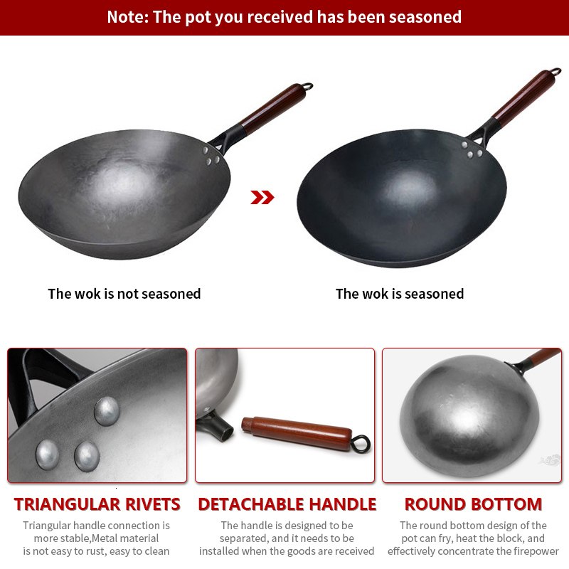 Pans Traditional iron wok Non coating Woks Hand forged For Kitchen PanWooden Handle Wok Gas Pot Cookware 230224