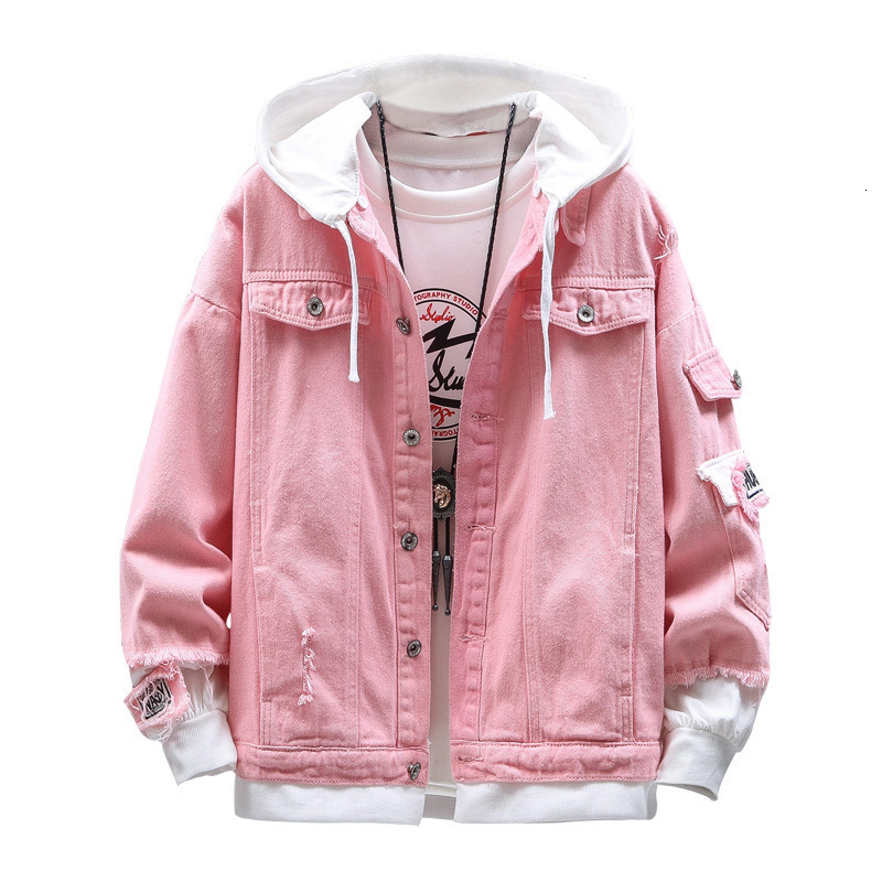 Men's Jackets Men Autumn Hooded Men Jean Jackets Pink Cotton Holes Denim Coats Streetwear Clothing Outwear 230225