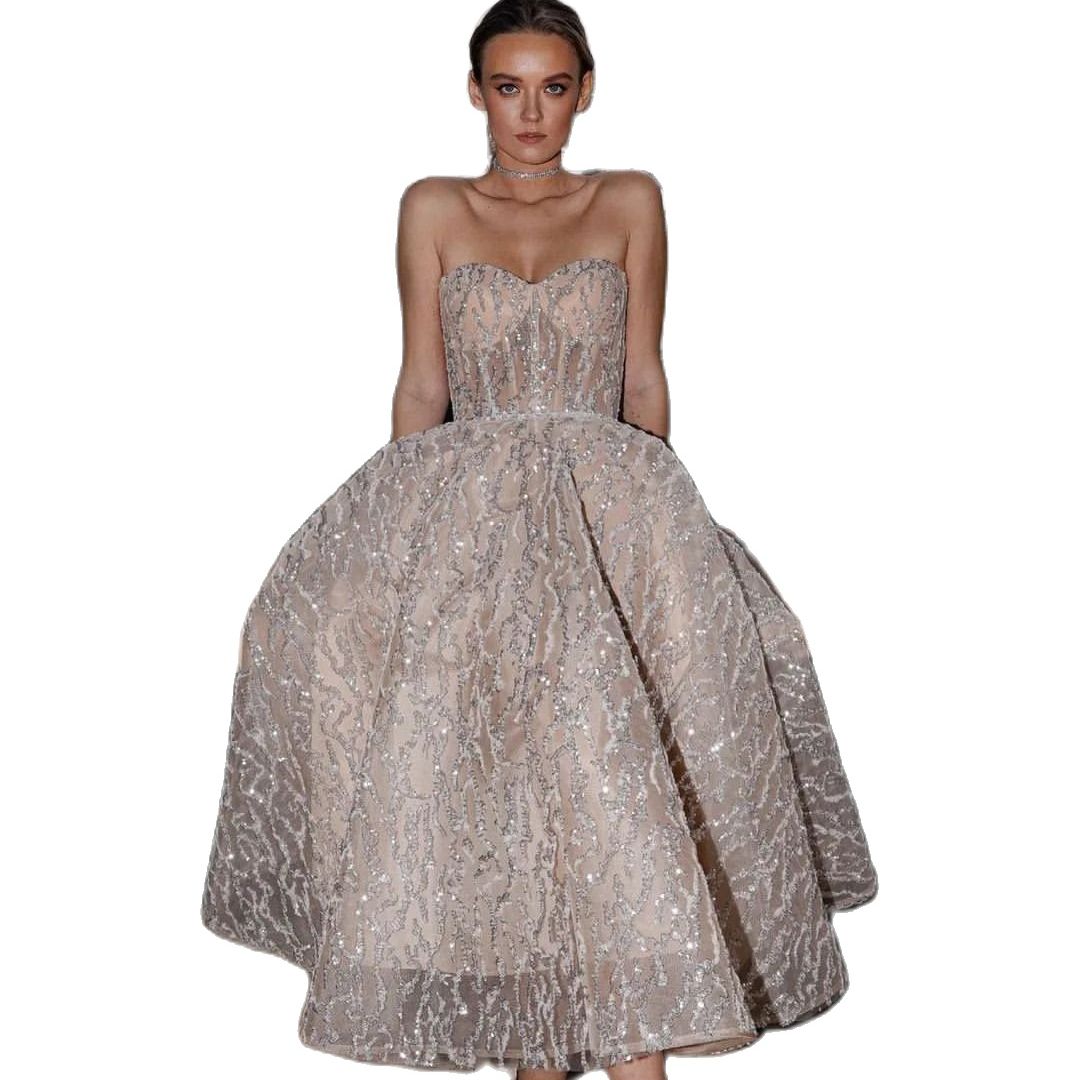 Summer Sequins Wedding Dress A Line Strapless Bridal Gowns Backless Bride Gowns Sparkly Beading Beach Robe