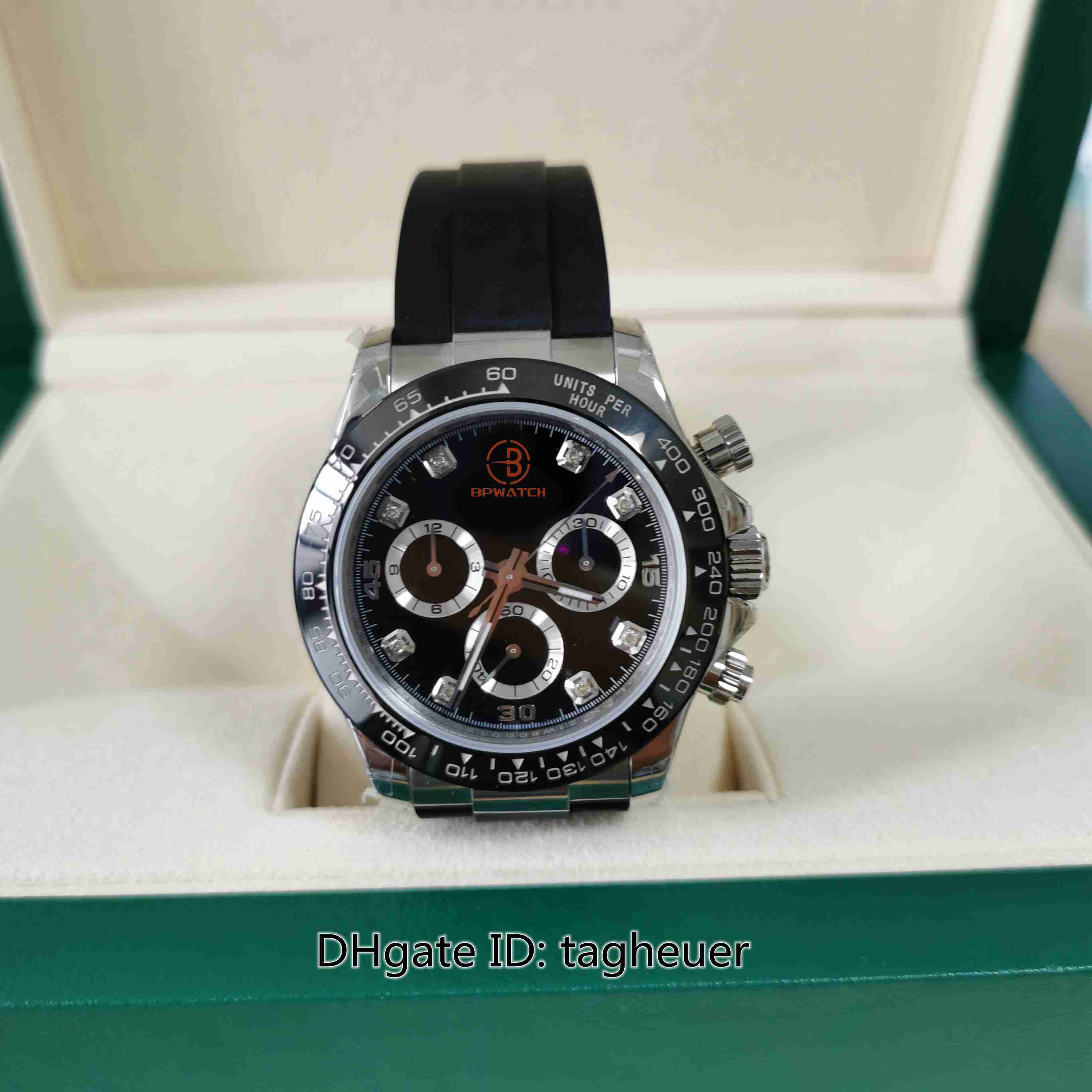 With Box Papers Mens Watch BPF 40mm Cosmograph 116520 Diamond Dial Watches Rubber Bands Chronograph CAL.4130 Movement Mechanical Automatic Men's Wristwatches, No box papers
With Box Papers Mens Watch BPF 40mm Cosmograph 116520 Diamond Dial Watches Rubber Bands Chronograph CAL.4130 Movement Mechanical Automatic Men's Wristwatches, No box papers