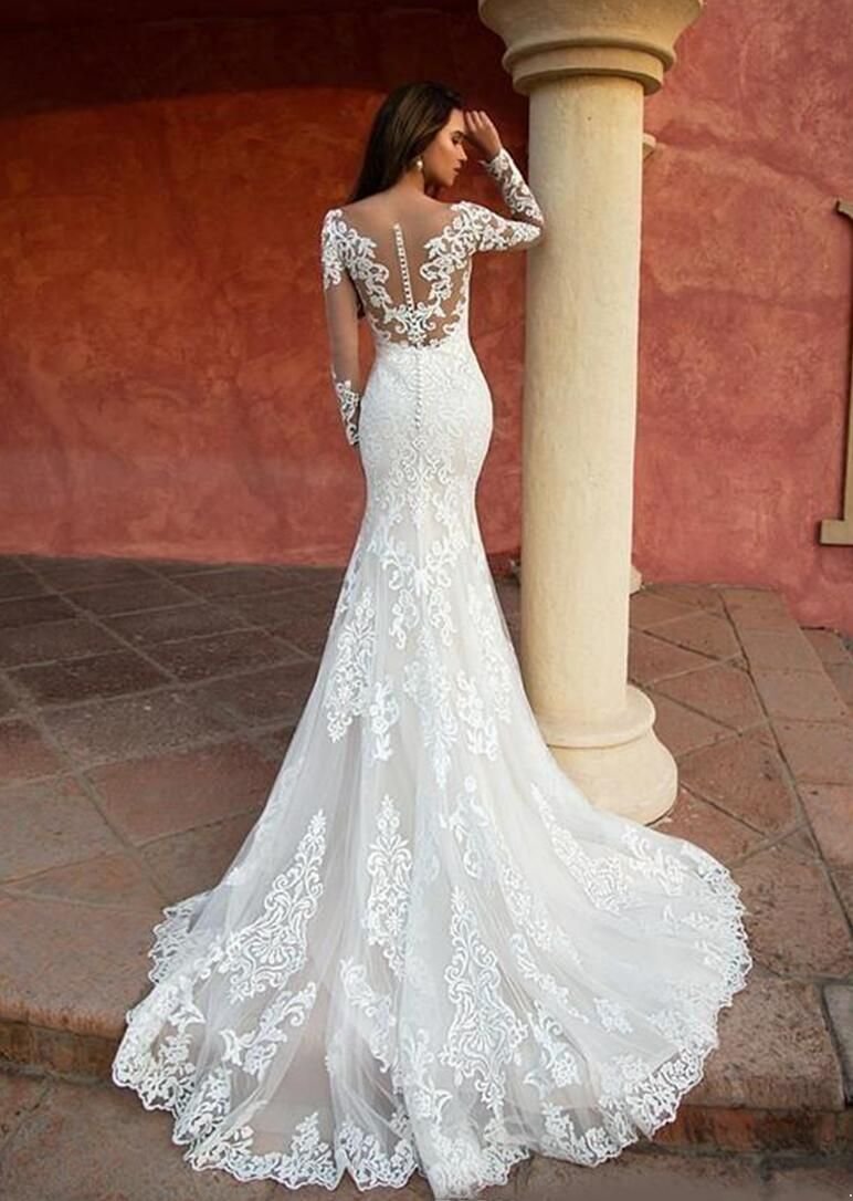 Mermaid Modern Dresses D Appliqued Lace Sheer Neck Long Sleeve Bridal Gowns Illusion Wedding Dress Robe De ress e