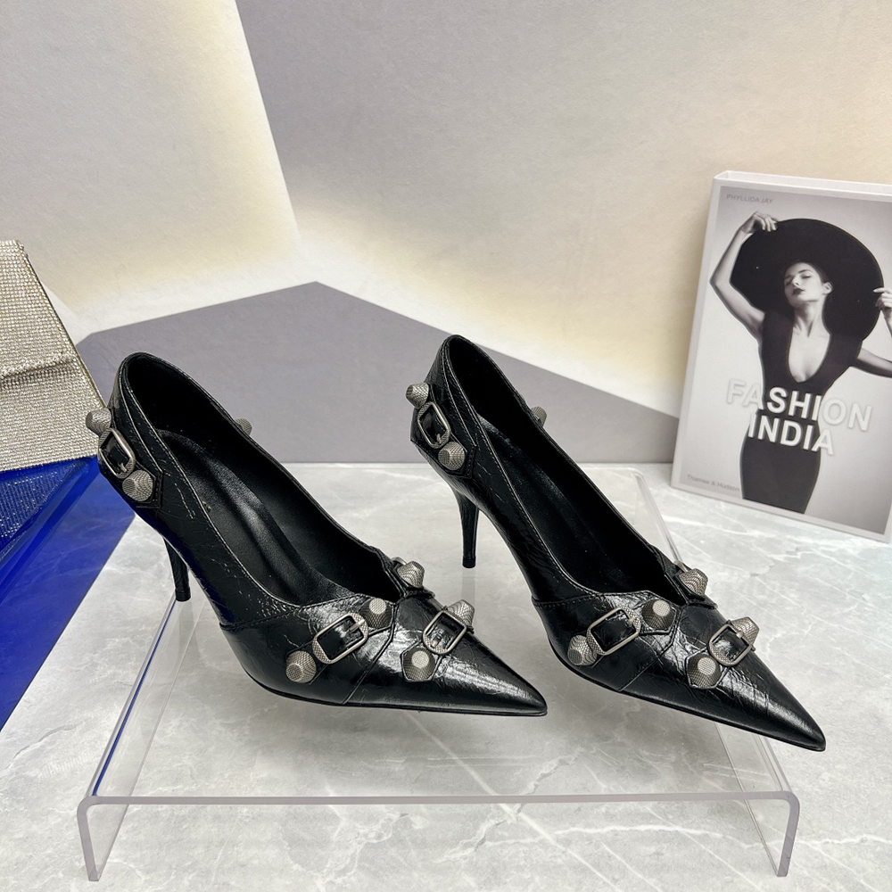 New dress Shoes stud buckle embellished Slip-on pointed Toe stiletto fashion show Evening shoes luxury designers shoe for women factory footwear