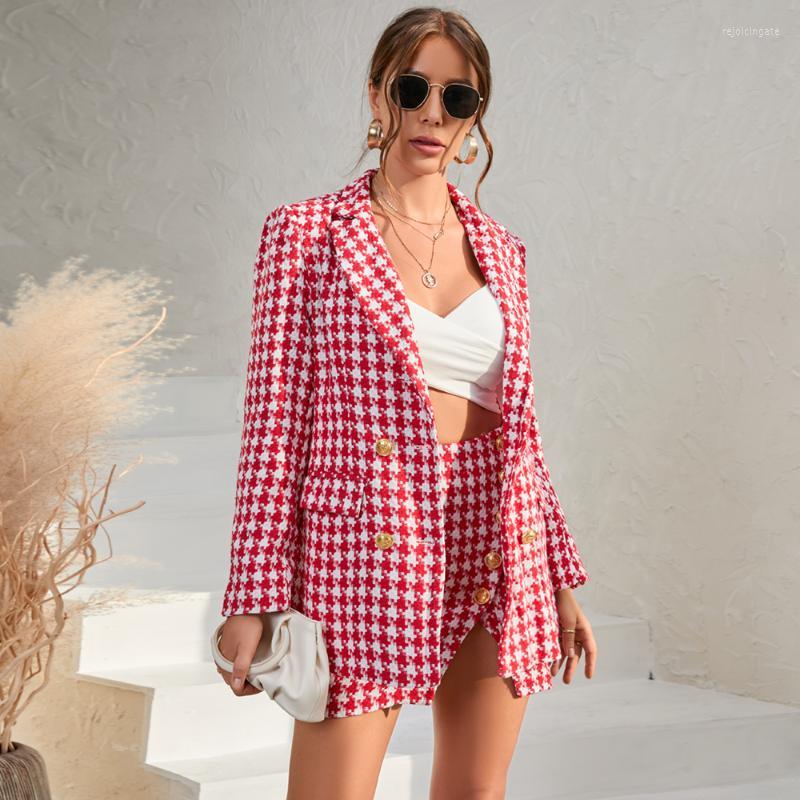 Two Piece Dress Autumn And Winter 2023 Fashionable Blazer Skirt Sets Womens Outifits Houndstooth Office LadyTwo