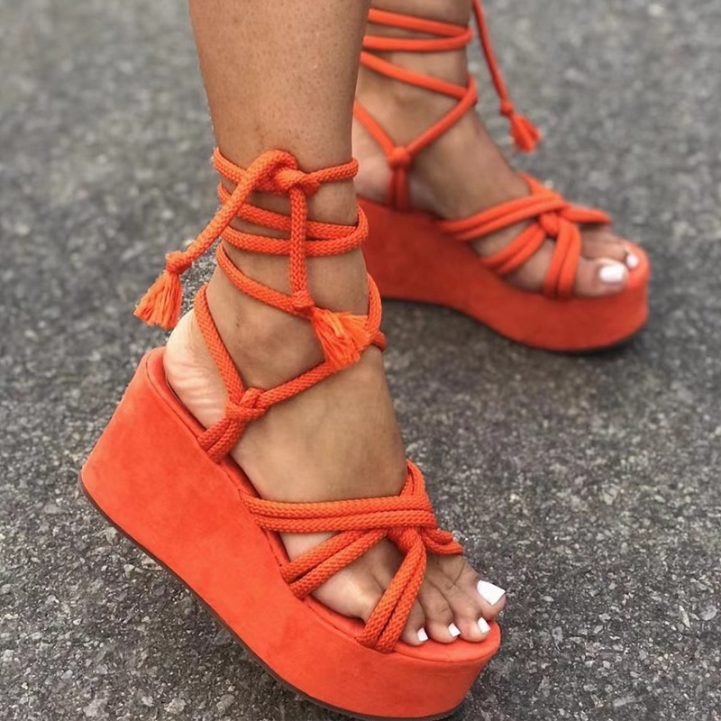 Sandals Summer Plus Size Platform Wedge Strappy Sandals Women Fashion Round Toe Cross Tied Height Increase Open Toe Women Sandals 230225
