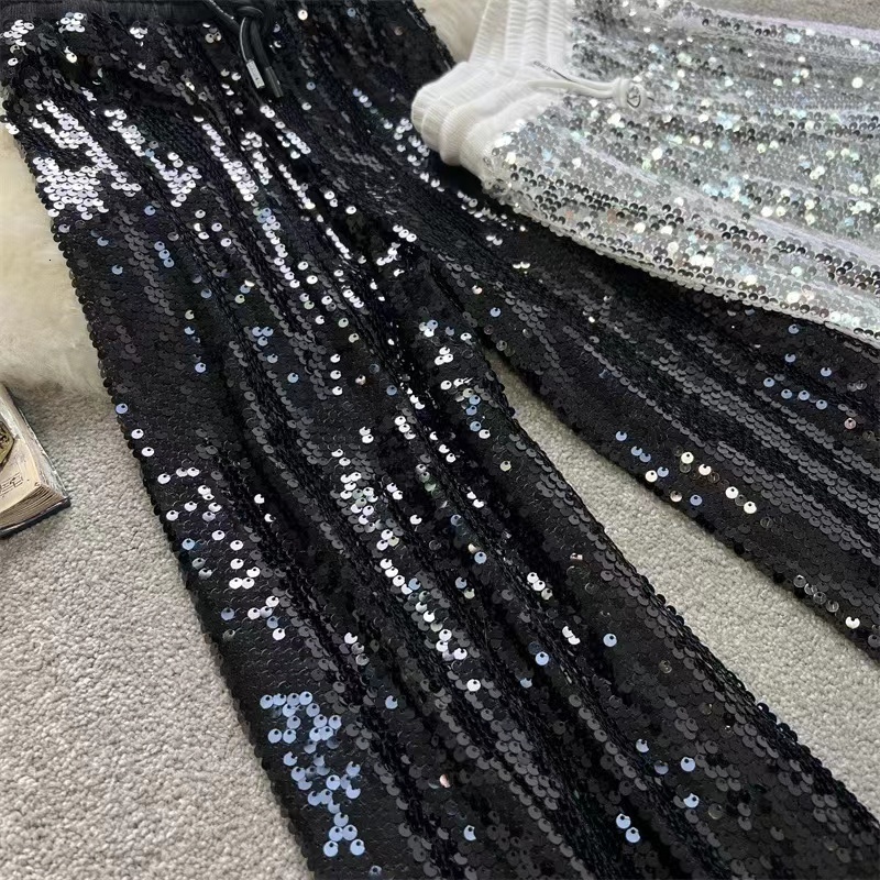 Women's Pants Fashion Shining White Trousers Tall Waist Sequins Flares Spring Silver Glitter Sparkling Y2k Relaxation Wide-legged 230225