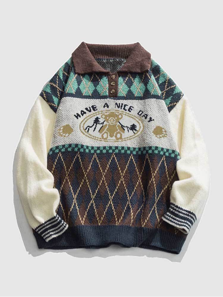 Men's TShirts Sweater Bear Geometric Pattern Buttons Sweaters Ethnic Streetwear Pullover Fall Winter Turndown Collar Outwear 230224