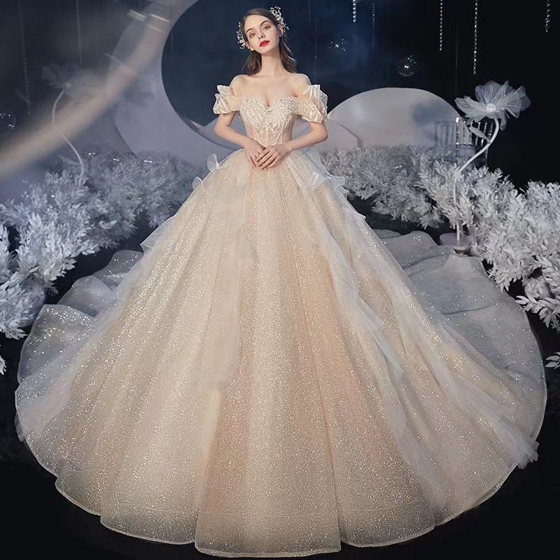 Sparkling a line Wedding Dress Sleeveless Bateau Strapless Appliques Lace long train Sequins Beads Hollow Illusion Custom Made Ruffles Bridal Floor Le