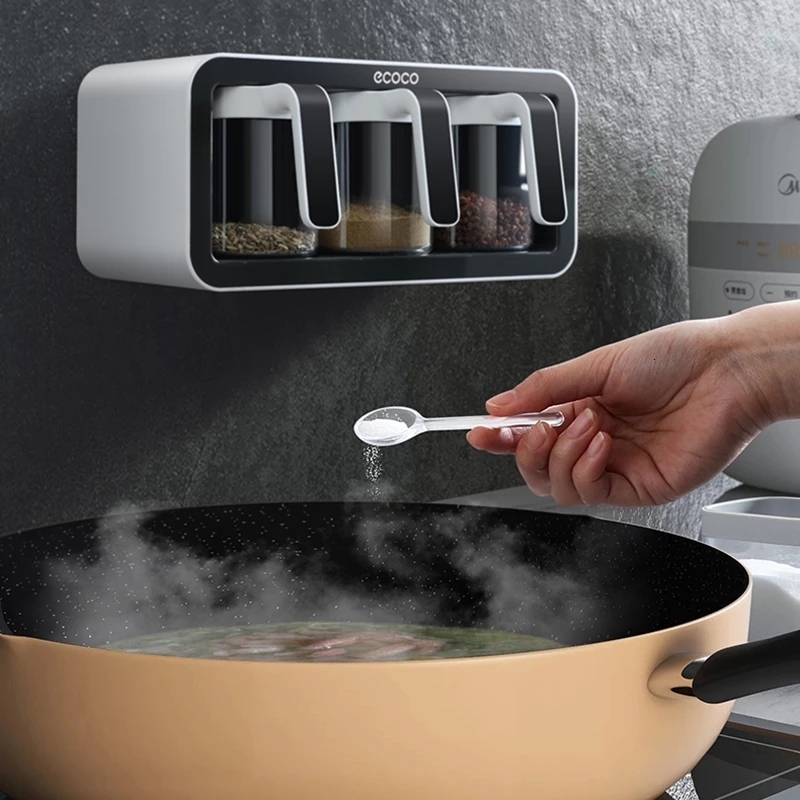 Herb Spice Tools ECOCO Wall Mount Spice Rack Organizer Sugar Bowl Salt Shaker Seasoning Container Kitchen Supplies Storage Set Spice Boxes 230224