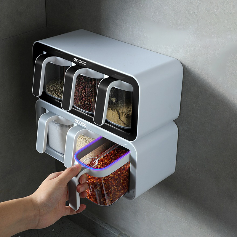 Herb Spice Tools ECOCO Wall Mount Spice Rack Organizer Sugar Bowl Salt Shaker Seasoning Container Kitchen Supplies Storage Set Spice Boxes 230224