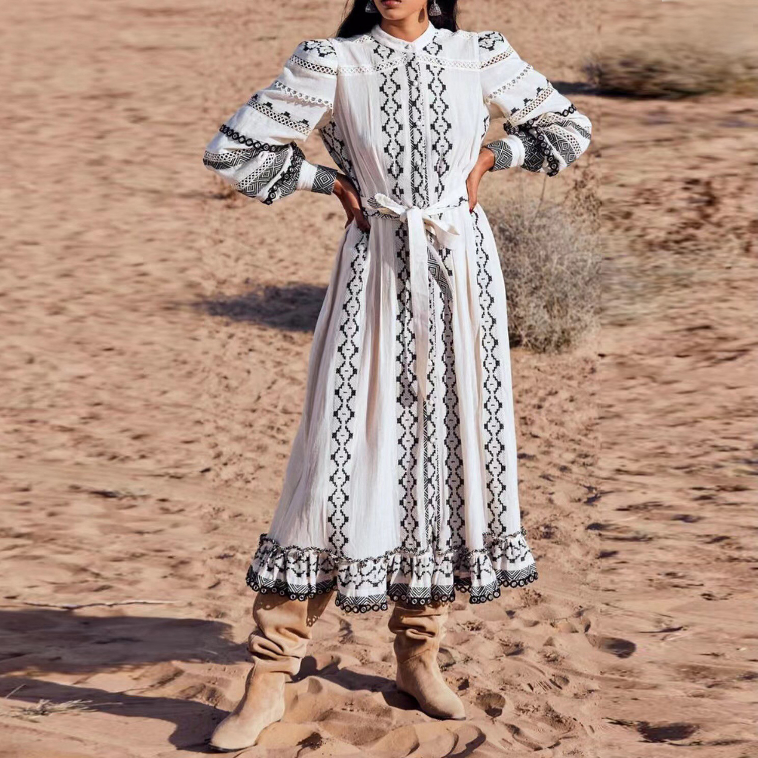 Runway Dress crew neck lantern Sleeve Geometric pattern embroidery midi dress, White
Runway Dress crew neck lantern Sleeve Geometric pattern embroidery midi dress, White